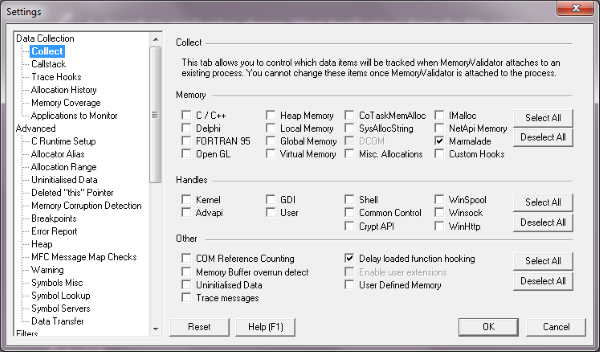 Memory Validator collect settings for Marmalade