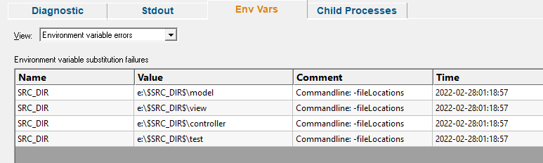 Environment variables on the Diagnostic tab