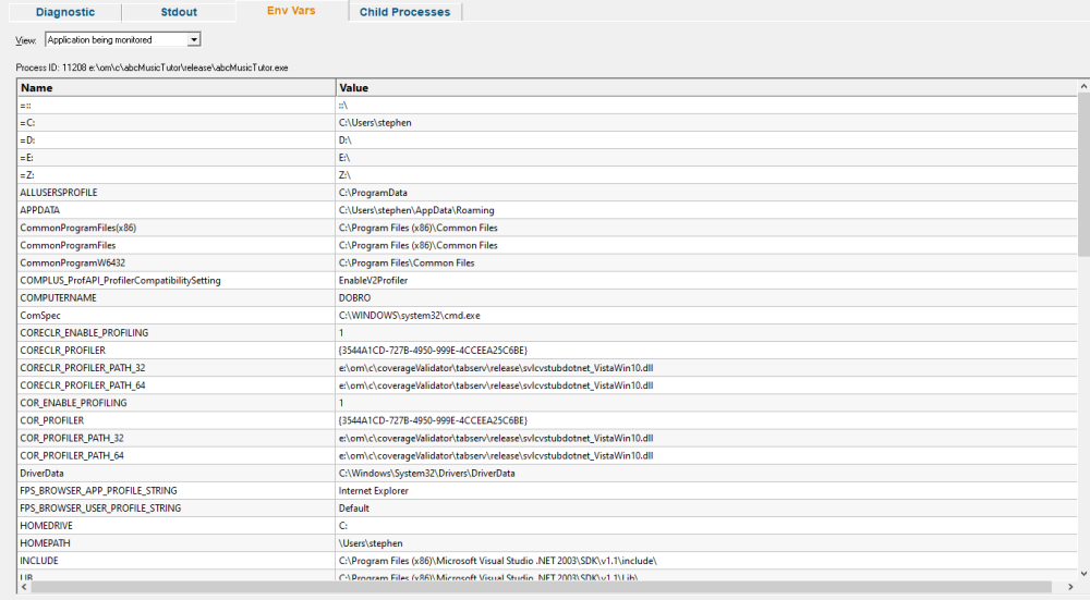 Target application environment variables sub-tab on the diagnostic tab
