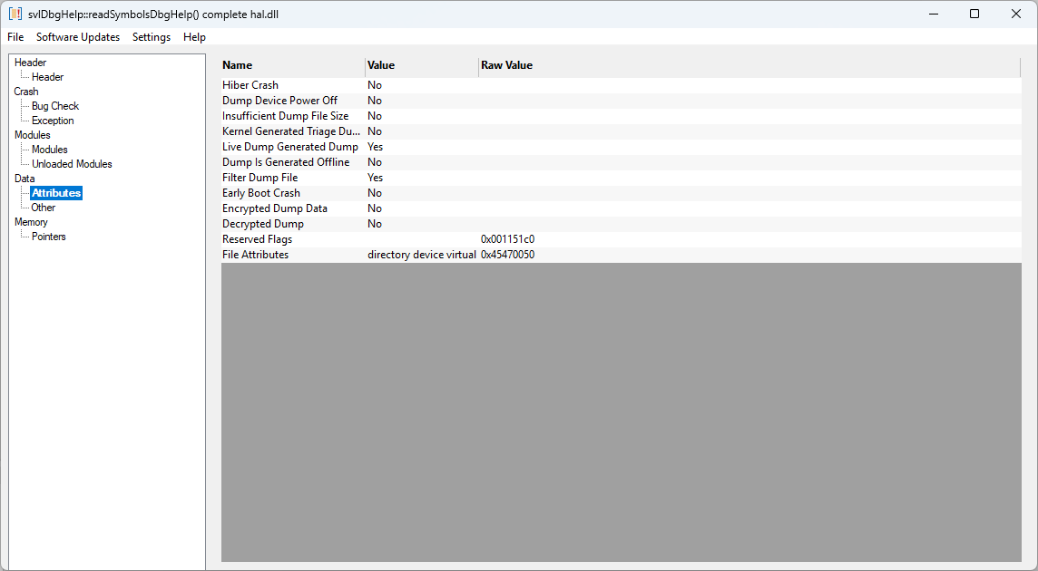 Minidump Browser kernel dump attributes view