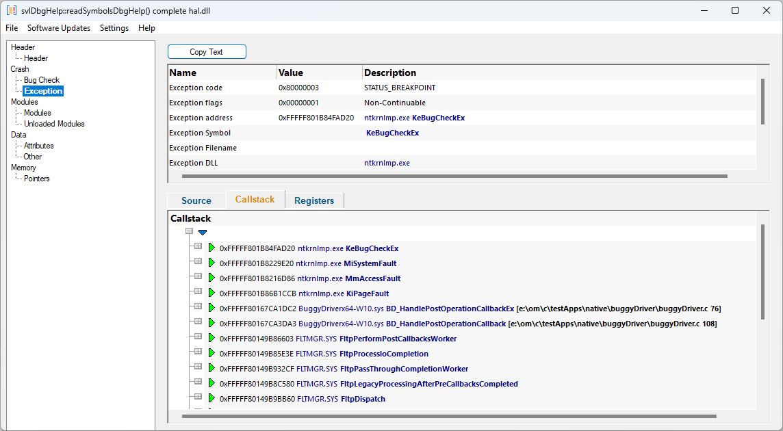 Minidump Browser kernel dump exception view