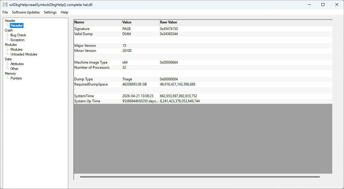 Minidump Browser kernel dump header