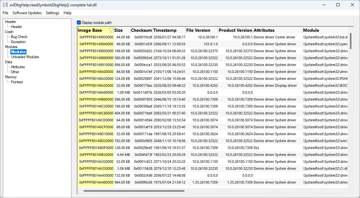 Minidump Browser kernel dump modules view