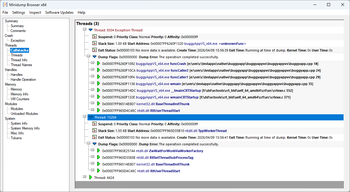 Minidump Browser callstacks view