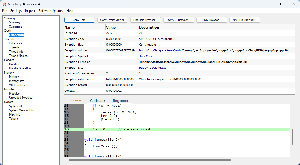 Minidump Browser Exception view