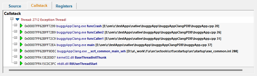 Minidump Browser exception callstack