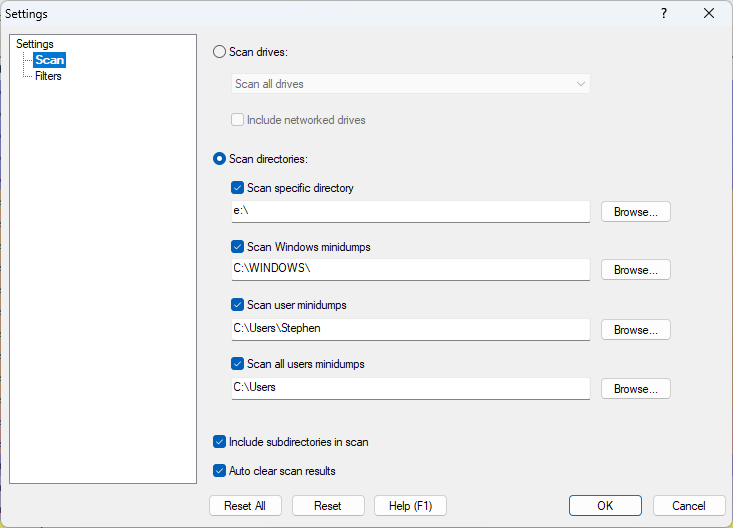 Minidump Search Settings