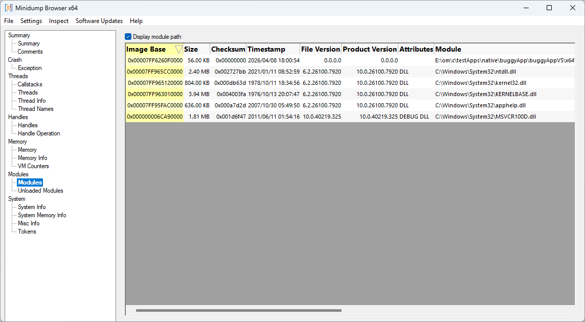 Minidump Browser modules view