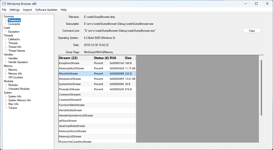 Minidump Browser summary view