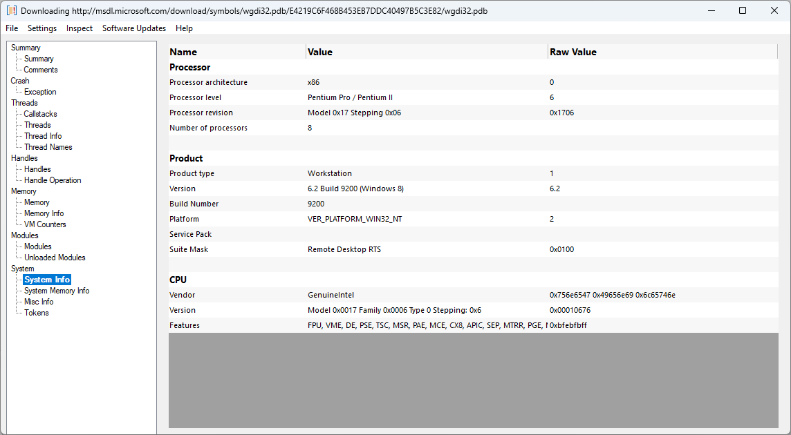 Minidump Browser system view