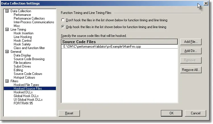 Performance Validator hooked source files settings