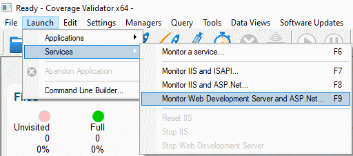 Coverage Validator launch menu Web Development Server