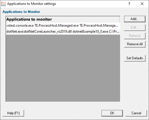 Performance Validator .Net Core Applications to Monitor dialog with 2 entries
