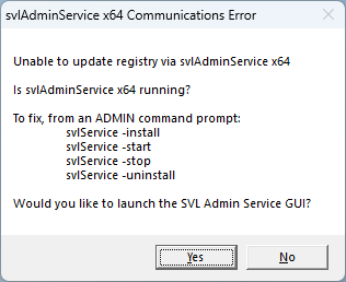 Message about failing to communicate with the SVL Admin Service