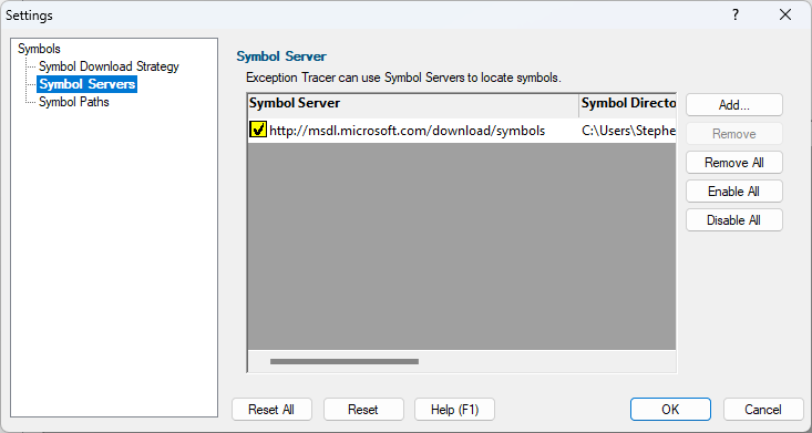 Minidump Browser Symbol Server Settings