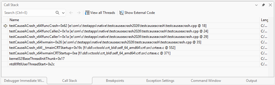 Visual Studio Crashing Callstack