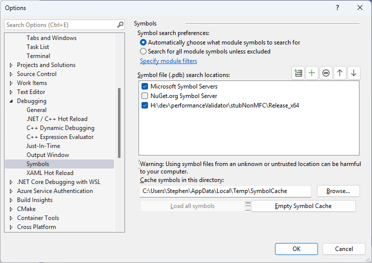 Visual Studio Symbol Server Settings