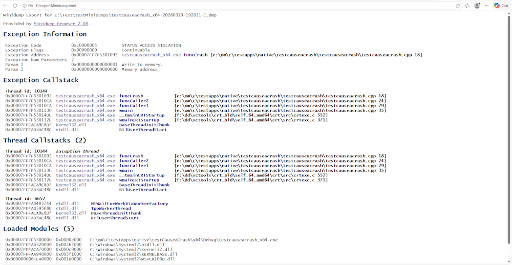 Exported data from Minidump Browser