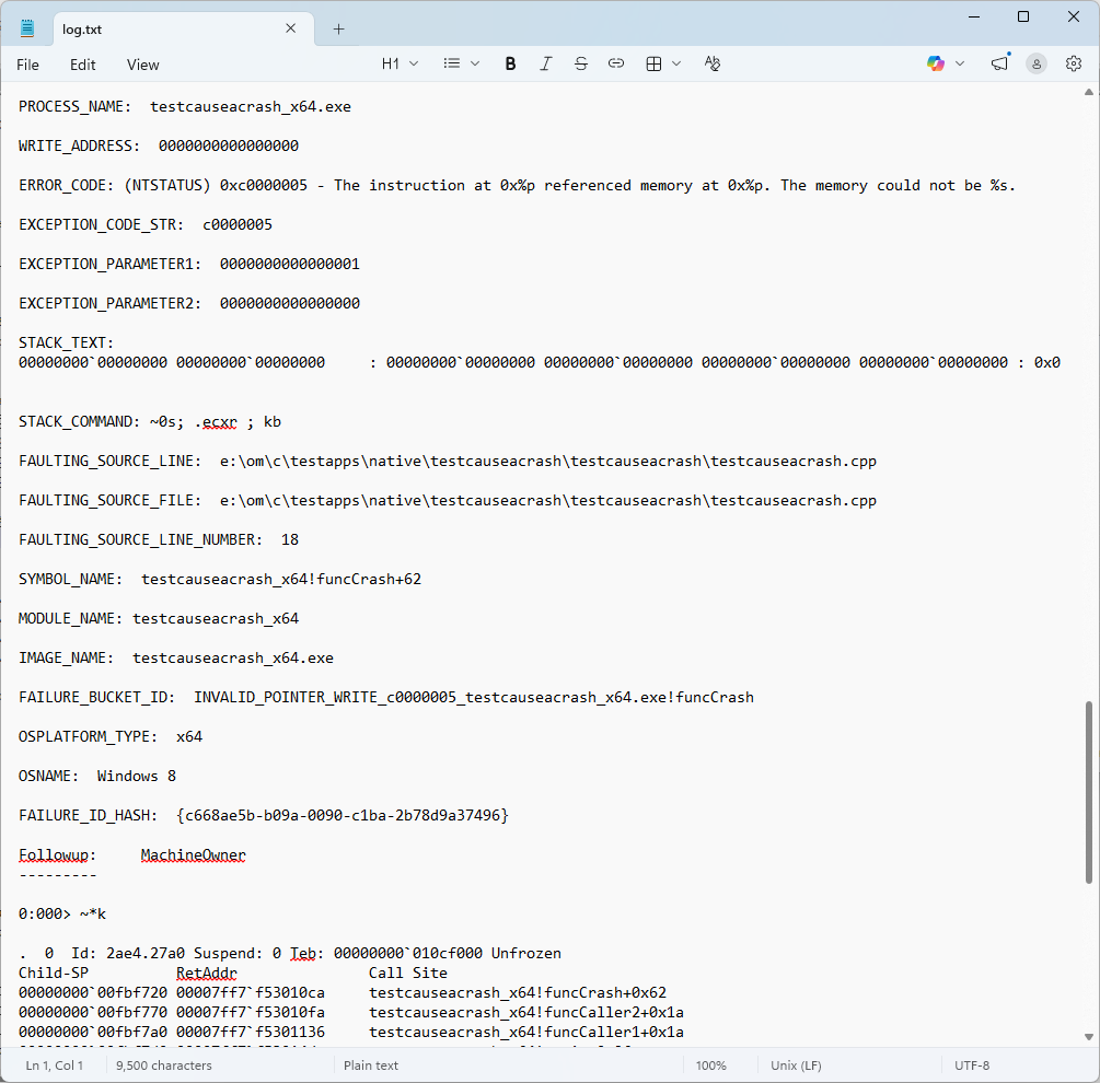 Exported data from the console version of WinDbg, cdb.exe
